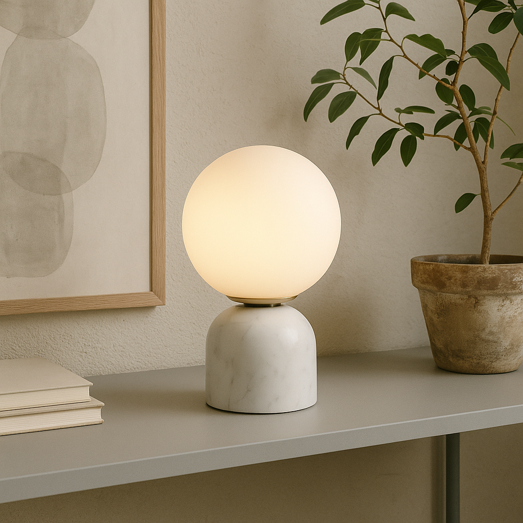 Hindsa Tischlampe Marmor Glas Ø15xH9 warmes Licht 3000K Tischlampe Nachttisch Wohnzimmer Design Beleuchtung minimalistisch skandinavisch | Restfield