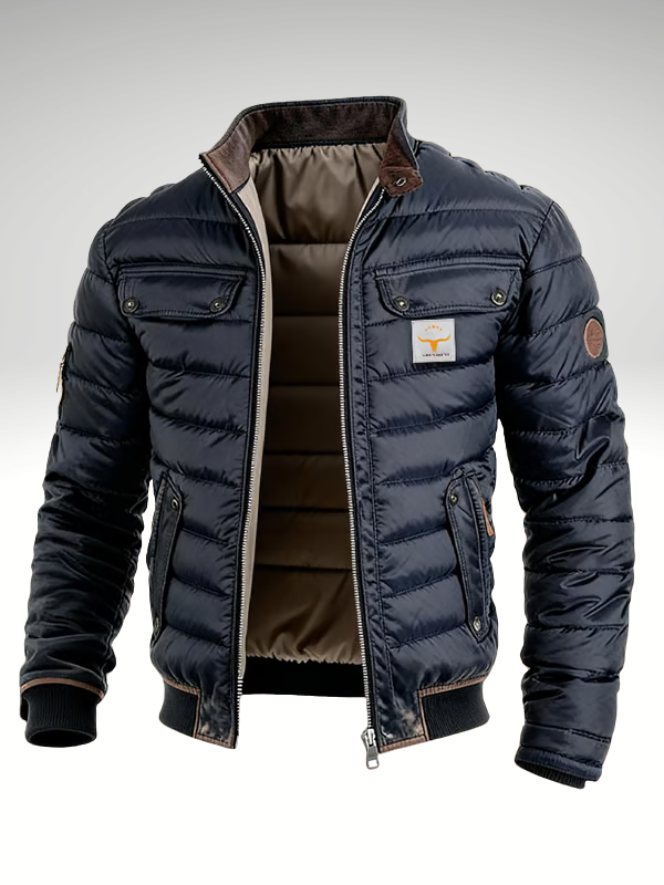 Lined Men's Work Jacket Quilted Down Jacket Corduroy Collar Navy Blue Ribbed Fabric Outdoor Clothing Winter Jacket | Sansoti