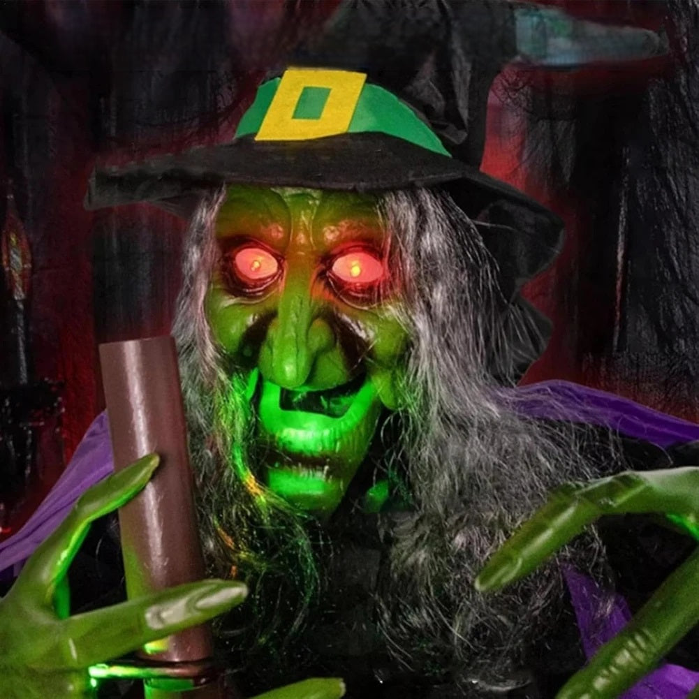 Animatronische Hexe auf Besen 180cm Halloween-Dekoration mit leuchtenden Augen, Geräuschen und Bewegung, Partydekoration | Sansoti