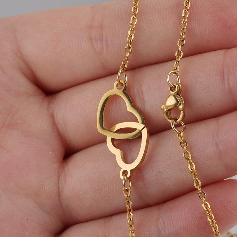 Hartvormige Ketting Twee Harten Titanium Staal Vrouwen Romantisch Sieraad Goud Zilver Rosé Geschenkdoos | Sansoti