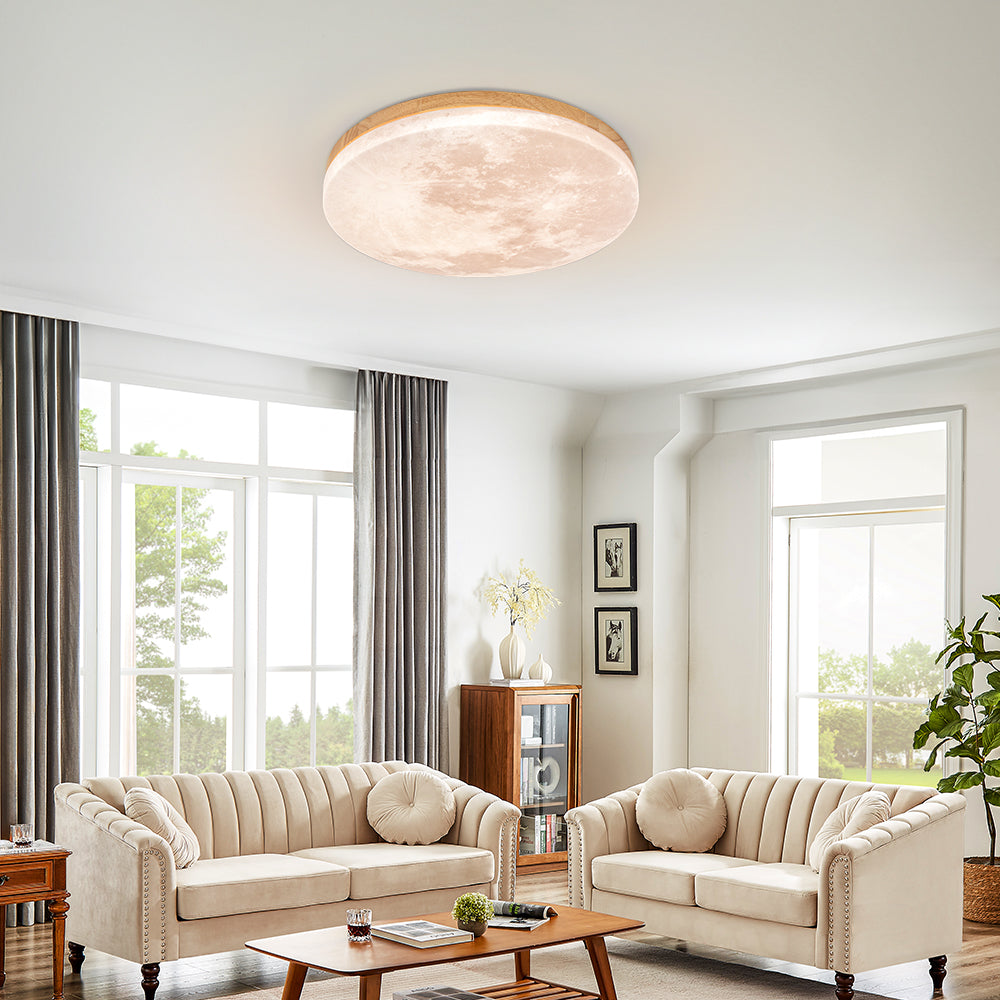 LED-Deckenleuchte Mond-Design Holz Acryl Rund 26-48cm Schlafzimmer Wohnzimmer Deckenlampe Mondlampe LED Beleuchtung Modernes Interieur | Restfield