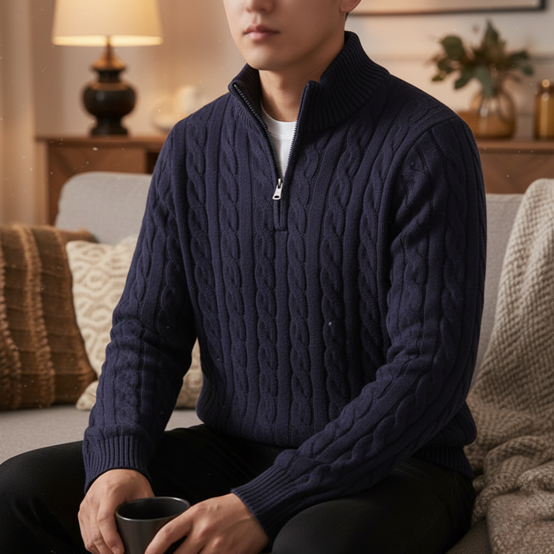 Gestrickter Herrenpullover mit Zopfmuster, Stehkragen und Reißverschluss, Baumwolle, warm, leger, Winter, Marineblau, Grau, Beige | Sansoti
