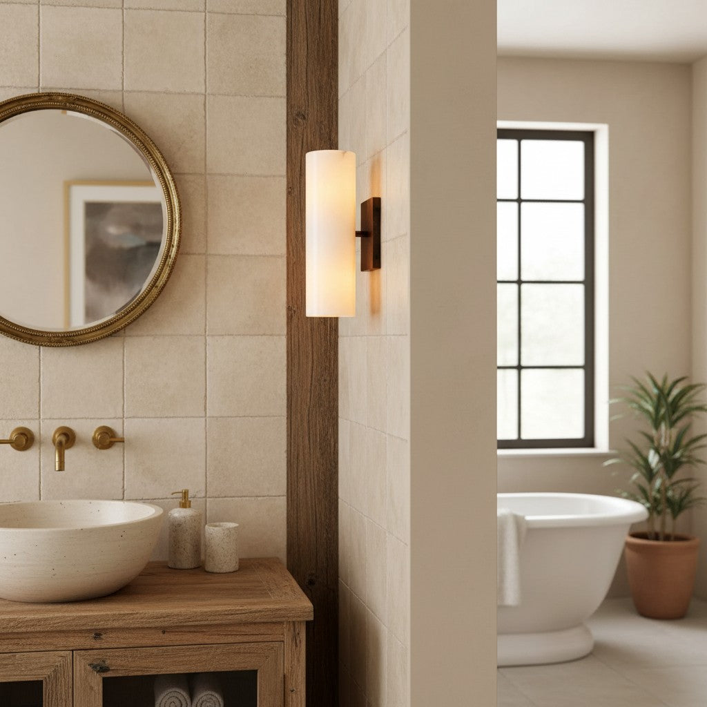 Cilindervormige wandlamp met natuurlijk albast of geribde glazen kap Brons Nikkel Messing | Sansoti