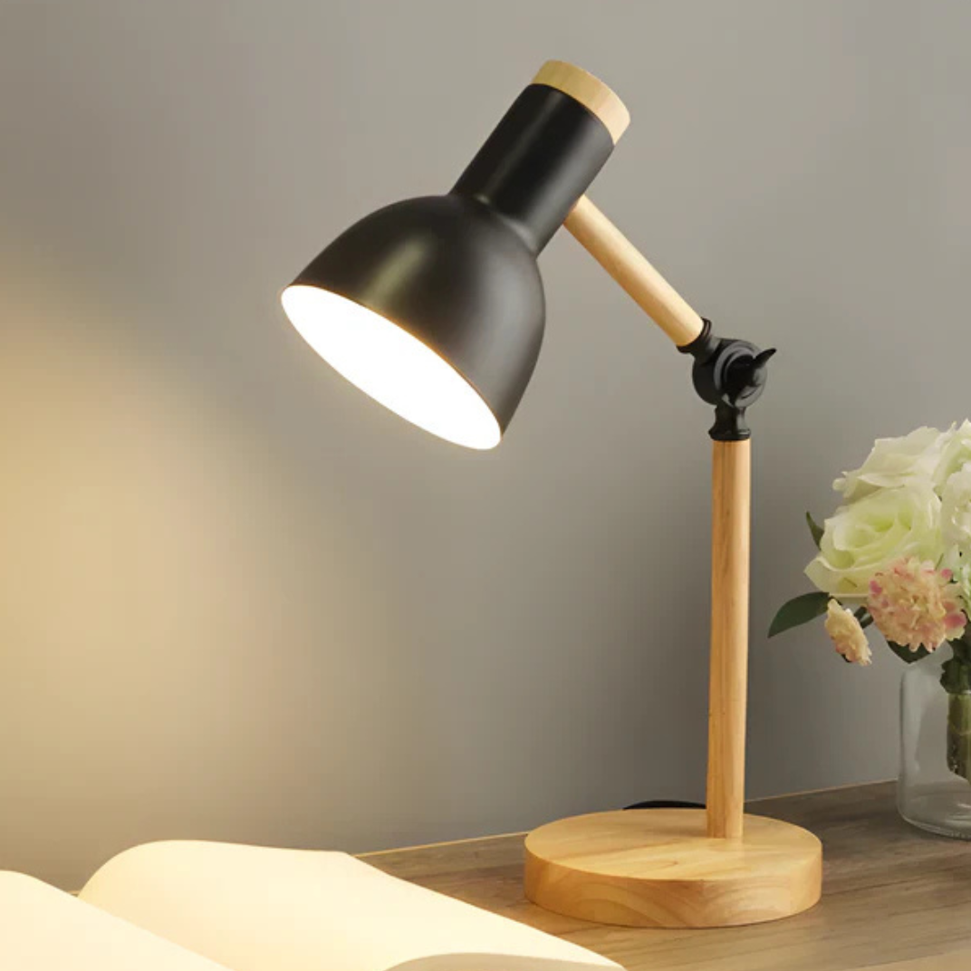 Lampe de table réglable en bois et métal E27, lampe de bureau au design scandinave, liseuse pour espace de travail, éclairage d’ambiance à intensité variable | Sansoti