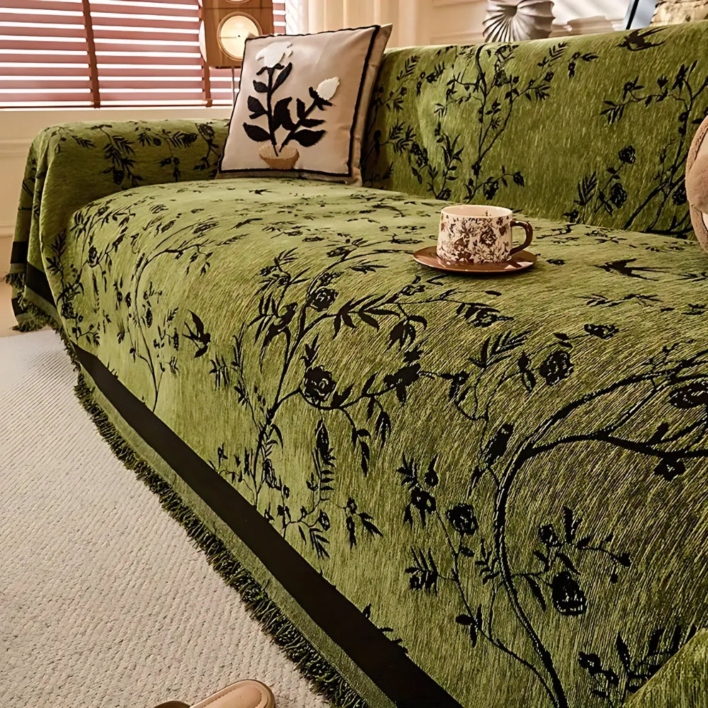 Premium Chenille Bankdeken met Bloemdessin en Kwastjes – Comfortabele Sofahoes voor Woonkamer en Lounge | Sansoti