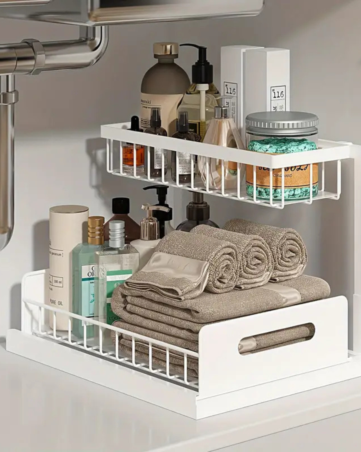 Uitschuifbare Kast Organizer Onder Wastafel Zwart Wit Twee Niveaus Keuken Badkamer Opbergsysteem Schoonmaakspullen Toiletartikelen | Sansoti