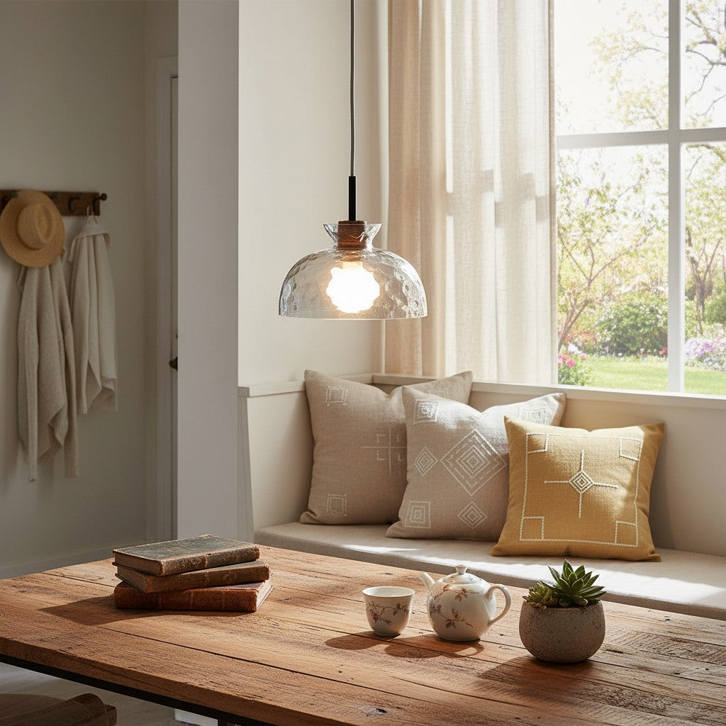 Glazen Hanglamp met Geslepen Koepel en Houten Accenten – Rustieke Eethoekverlichting | Sansoti