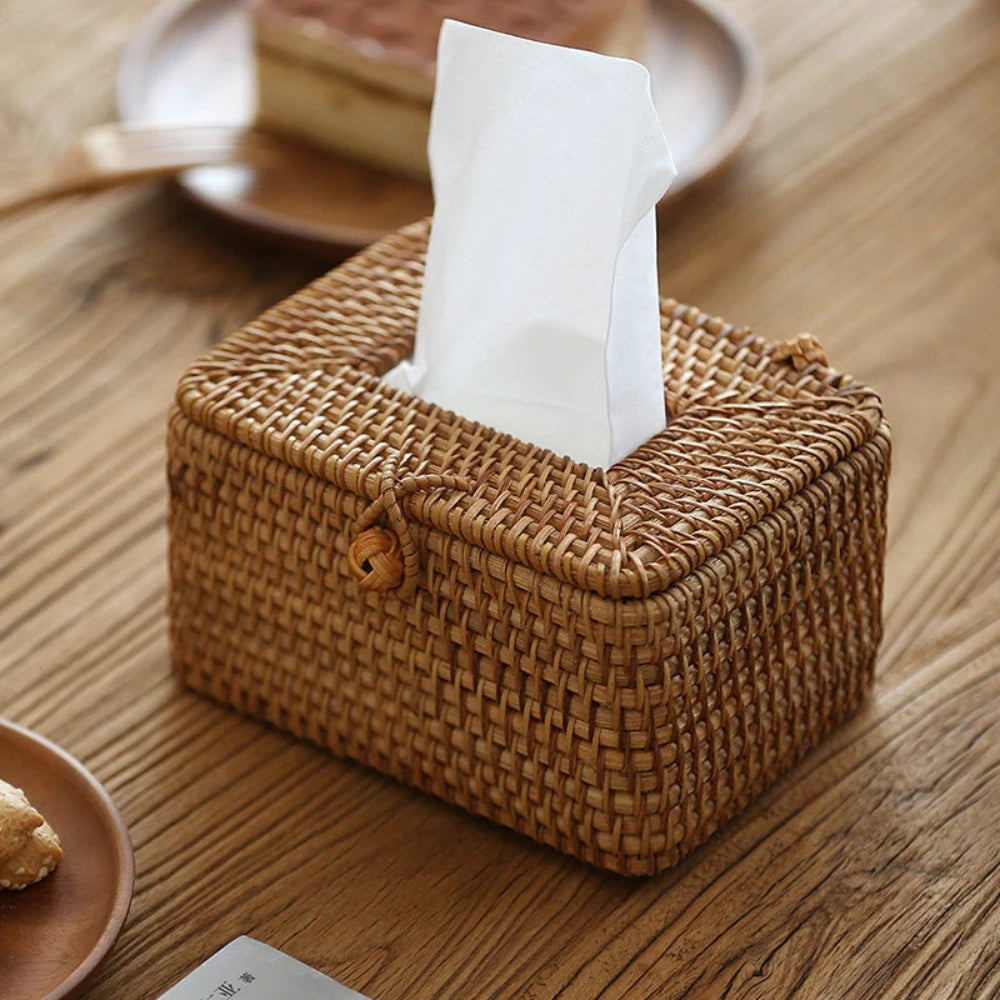 Handgevlochten Rattan Tissuebox met Deksel – Natuurlijke Opbergbox voor Tissues Woonkamer Slaapkamer Kantoor | Sansoti