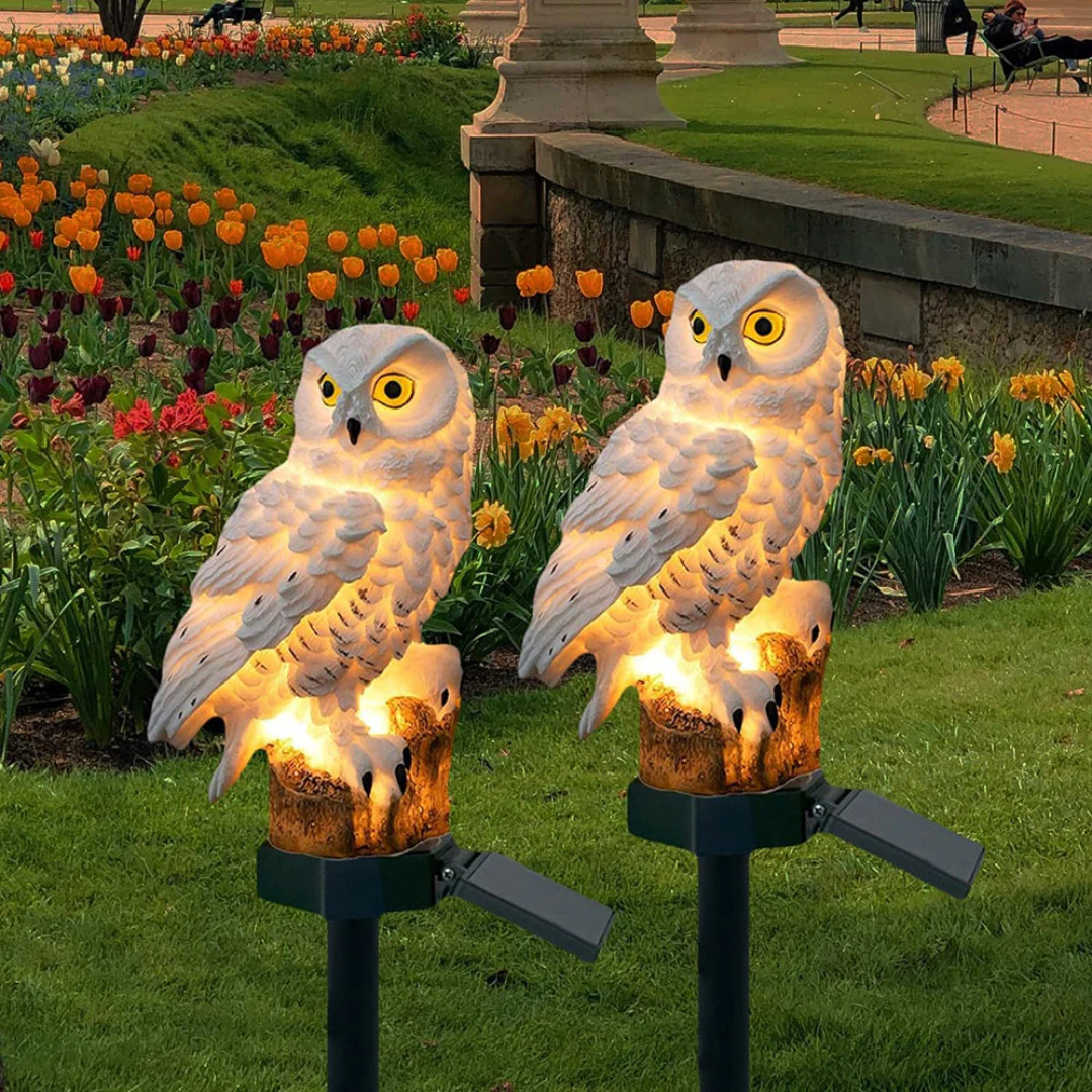Solar-Gartenbeleuchtung Eule, dekorativ, 45 cm, warmweißes LED-Licht, wetterfest, stimmungsvolle Beleuchtung für Terrasse und Wege | Sansoti