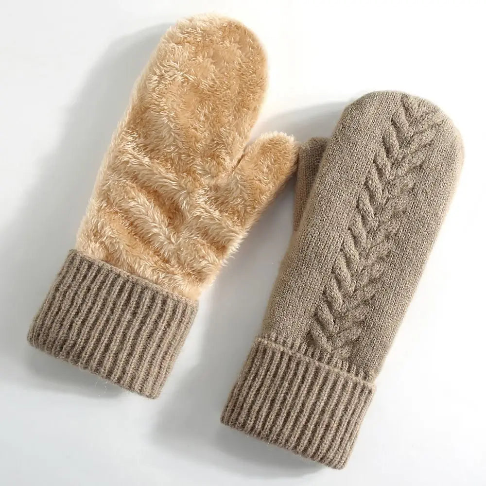 Double-Layer Mittens with Fleece Lining Winter Gloves for Women Warm Knitted Mittens Winter Sports | Sansoti