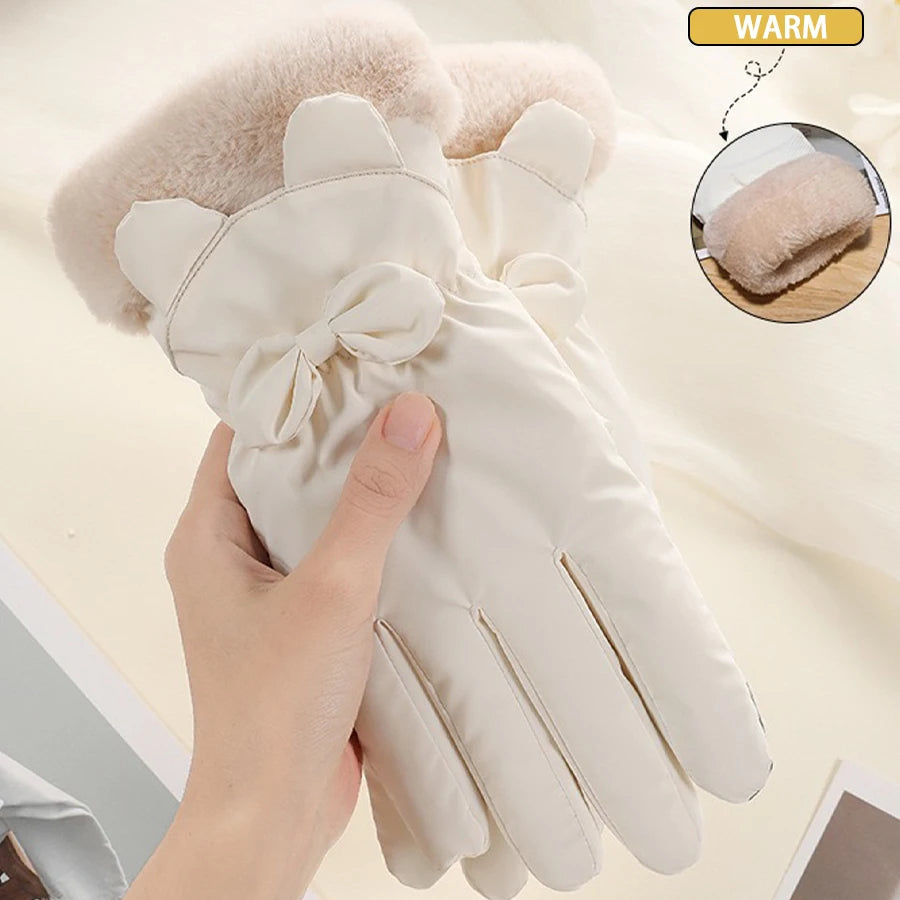 Touchscreen Winter Gloves for Women, Waterproof, Thermally Insulated, with Bow Decoration, One Size, Warm | Sansoti