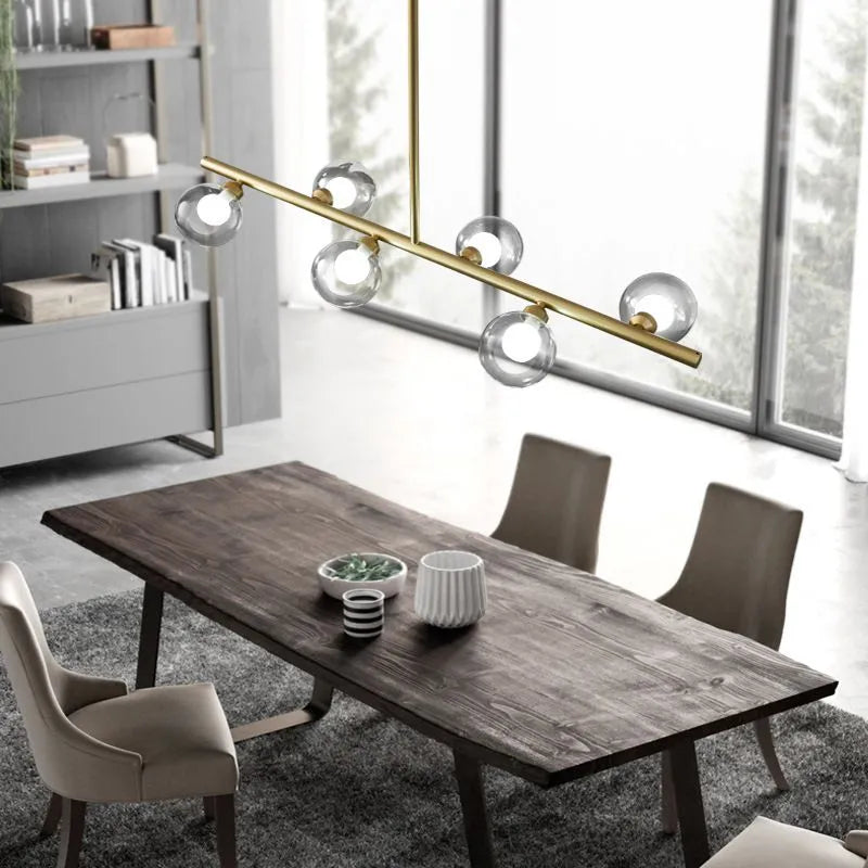 Suspension linéaire en verre bullé, 5 ou 6 points lumineux, noir et doré, salle à manger, îlot de cuisine, style nordique scandinave | Sansoti