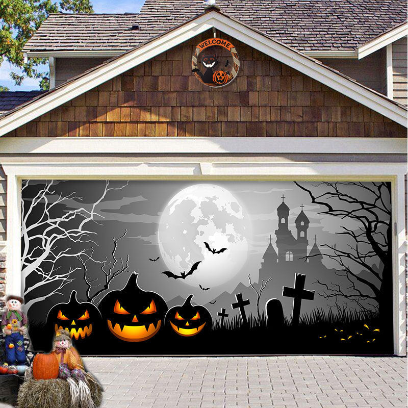 Halloween Garagedeur Decoratie Spookachtige Bedrukking Schaduwdoek Herbruikbaar Horror Sfeer Doek Waterdicht Buiten Feestversiering | Sansoti