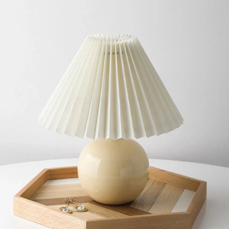Ceramic Table Lamp with Pleated Shade – Japanese Style Lighting White Pink Beige for Bedroom Living Room Office | Sansoti