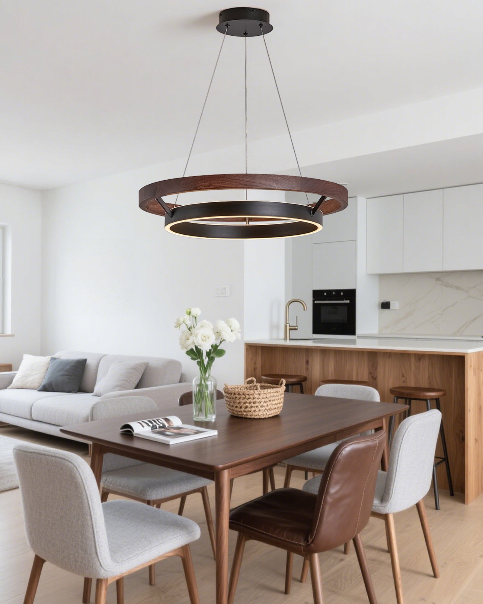 Holz-Ring-Kronleuchter LED Eingebaut Warmweiß Dimmbar Esszimmer Wohnzimmer Deckenlampe Modern Bauernhaus | Restfield