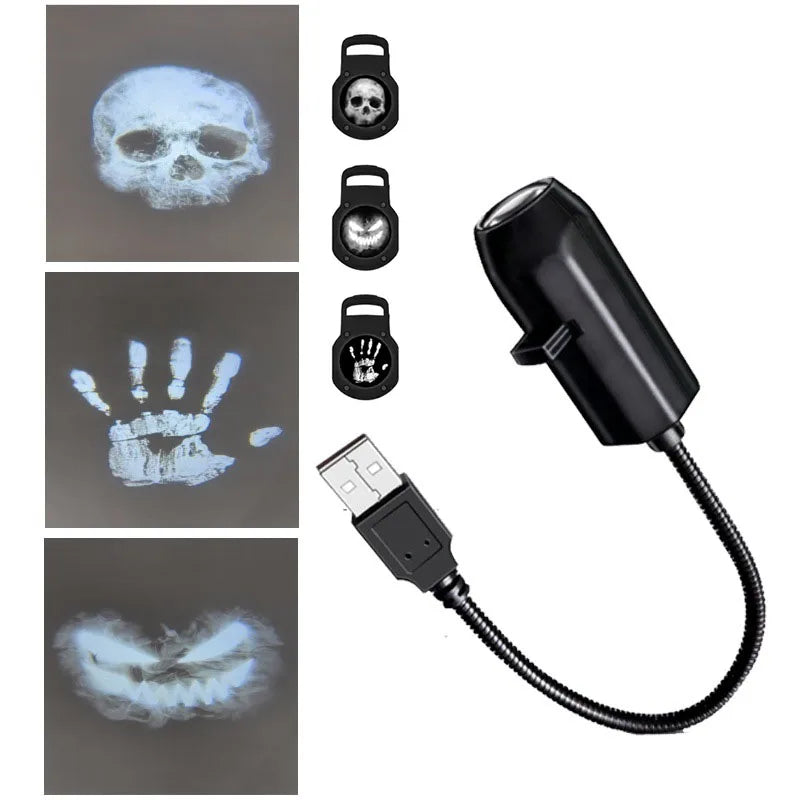 USB-Schädelprojektorlampe – Drehende Geistermuster-LED-Nachtlampe für gruselige Atmosphäre, Halloween-Dekoration | Sansoti
