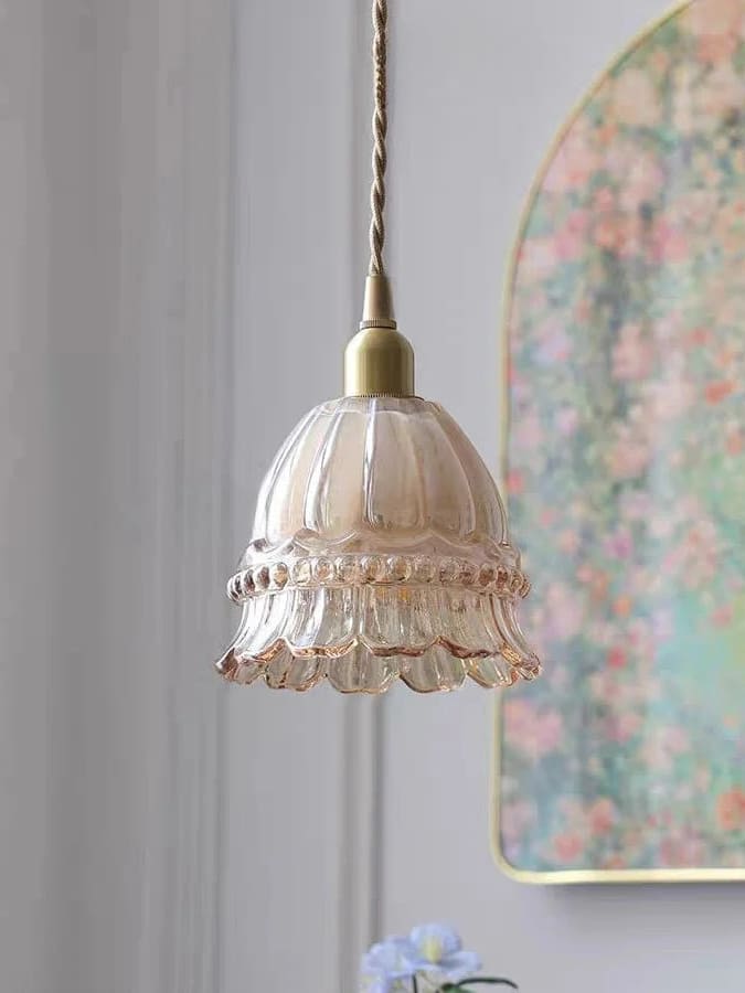 Franse Landelijke Hanglamp Glazen Kap Kwallen Design Transparant of Amber met Walnoot Greep Sfeerverlichting Eetkamer Elegante Plafondlamp | Sansoti