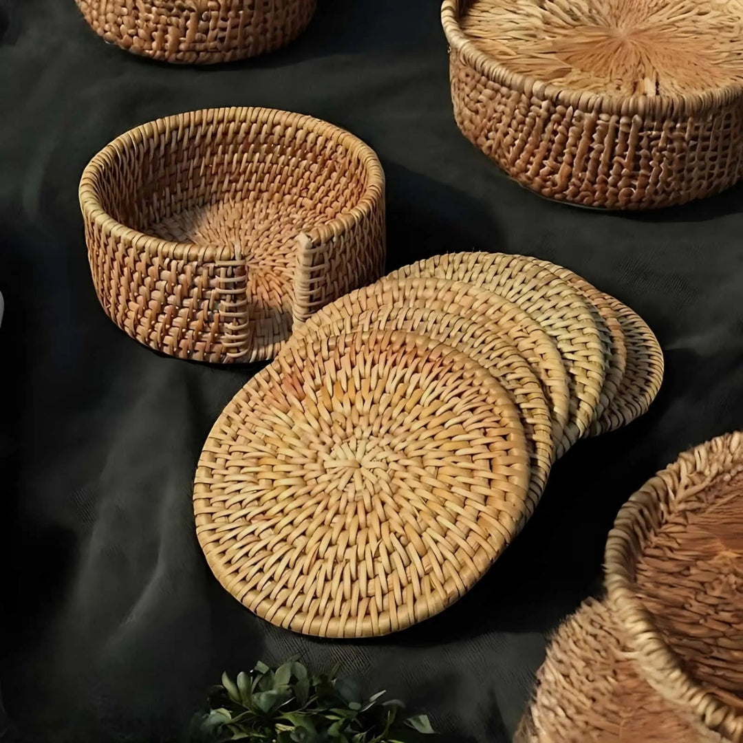 Set of 6 Woven Bamboo Coasters with Holder, Natural Round Table Coasters for Drinks and Coffee | Sansoti