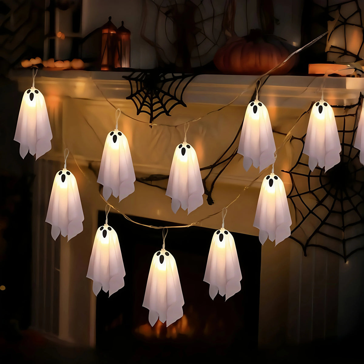 Girlanda świetlna LED z duchami na Halloween, przyjęcie, do ogrodu i wnętrz, dekoracyjna girlanda z przerażającymi figurkami, nastrojowe oświetlenie | Sansoti