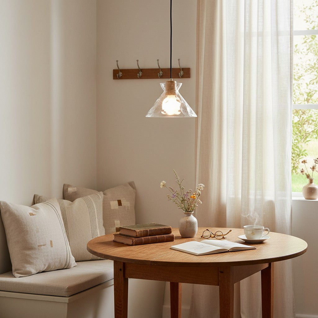 Glazen Hanglamp met Geslepen Koepel en Houten Accenten – Rustieke Eethoekverlichting | Sansoti