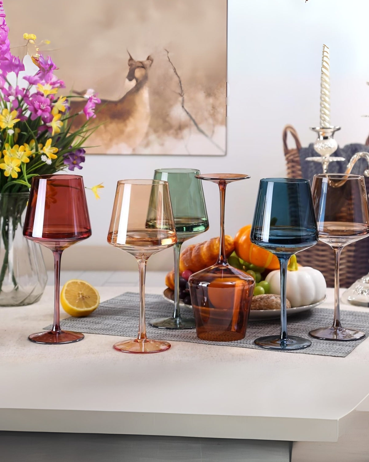 Mundgeblasenes Regenbogen-Weingläser-Set, 6 luxuriöse, farbige Gläser für Wein und Esstisch | Restfield