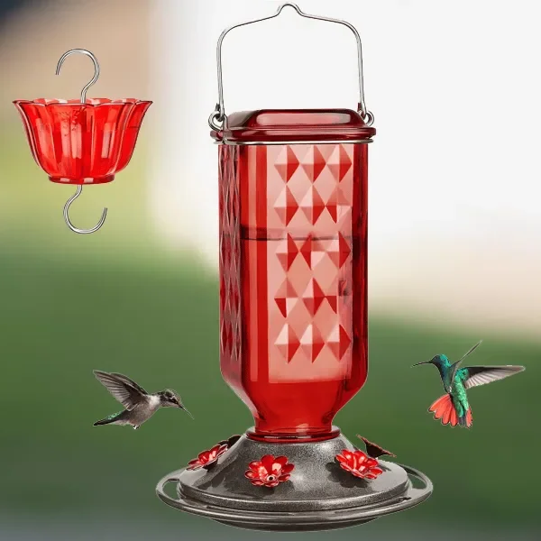 Glas-Kolibri-Futterstation 700ml mit sechs Blumen-Sitzplätzen, Ameisensperre und Aufhängehaken für Gartenvögel | Sansoti