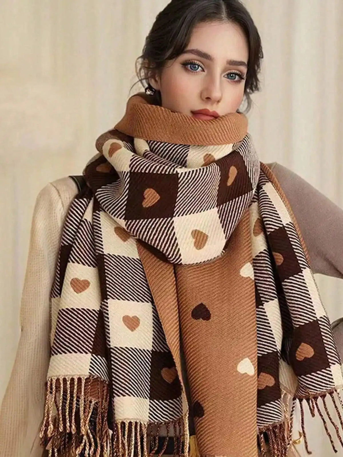 Knitted Winter Scarf with Heart Pattern 200x70cm Woolen Wrap Women's Autumn Winter Warm Accessory | Sansoti