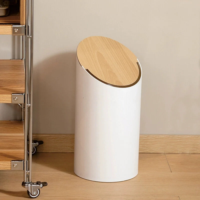 Japandi Trash Bin with Swing Lid – Walnut-Colored Wooden Finish and Minimalist Design – 9L Swing Trash Bin for Bathroom and Office | Sansoti