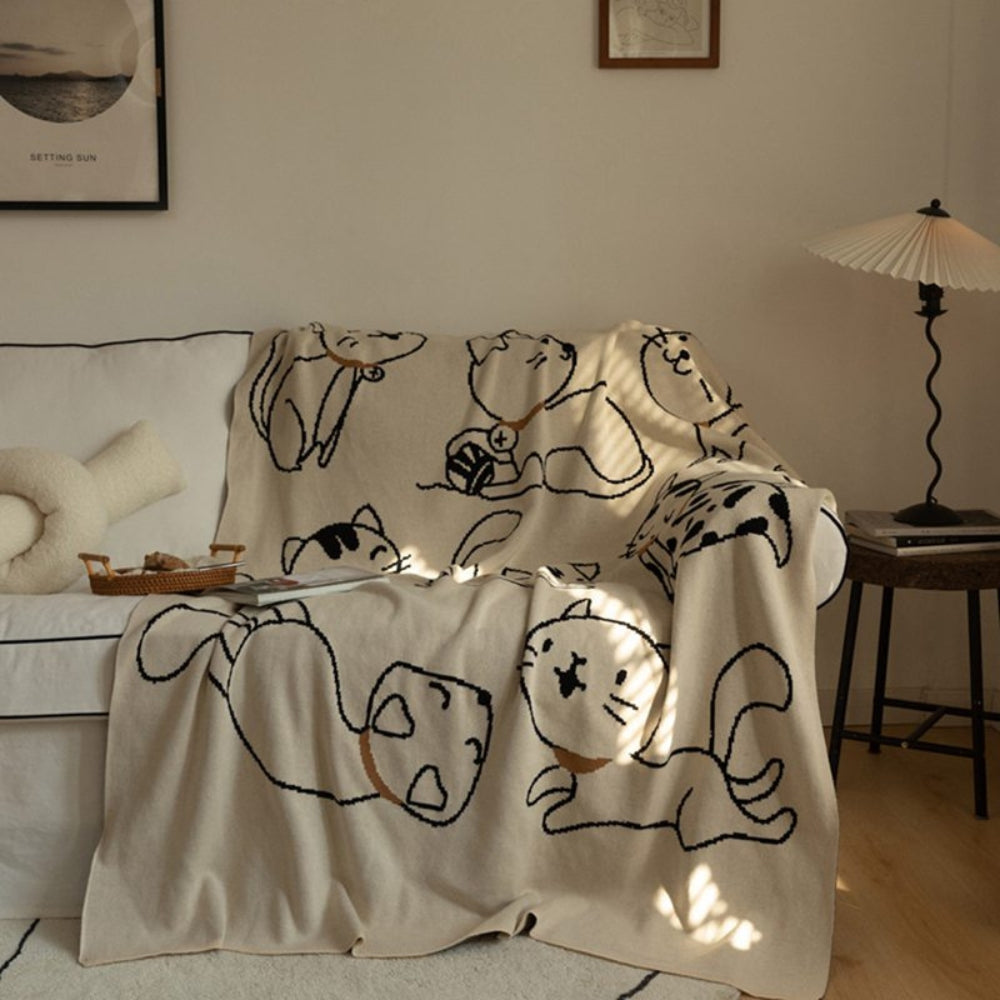 Baumwolldecke mit Jacquard-Katzenmuster – Atmungsaktiv & weich für Sofa und Bett – 130x170cm Wohndecke | Sansoti
