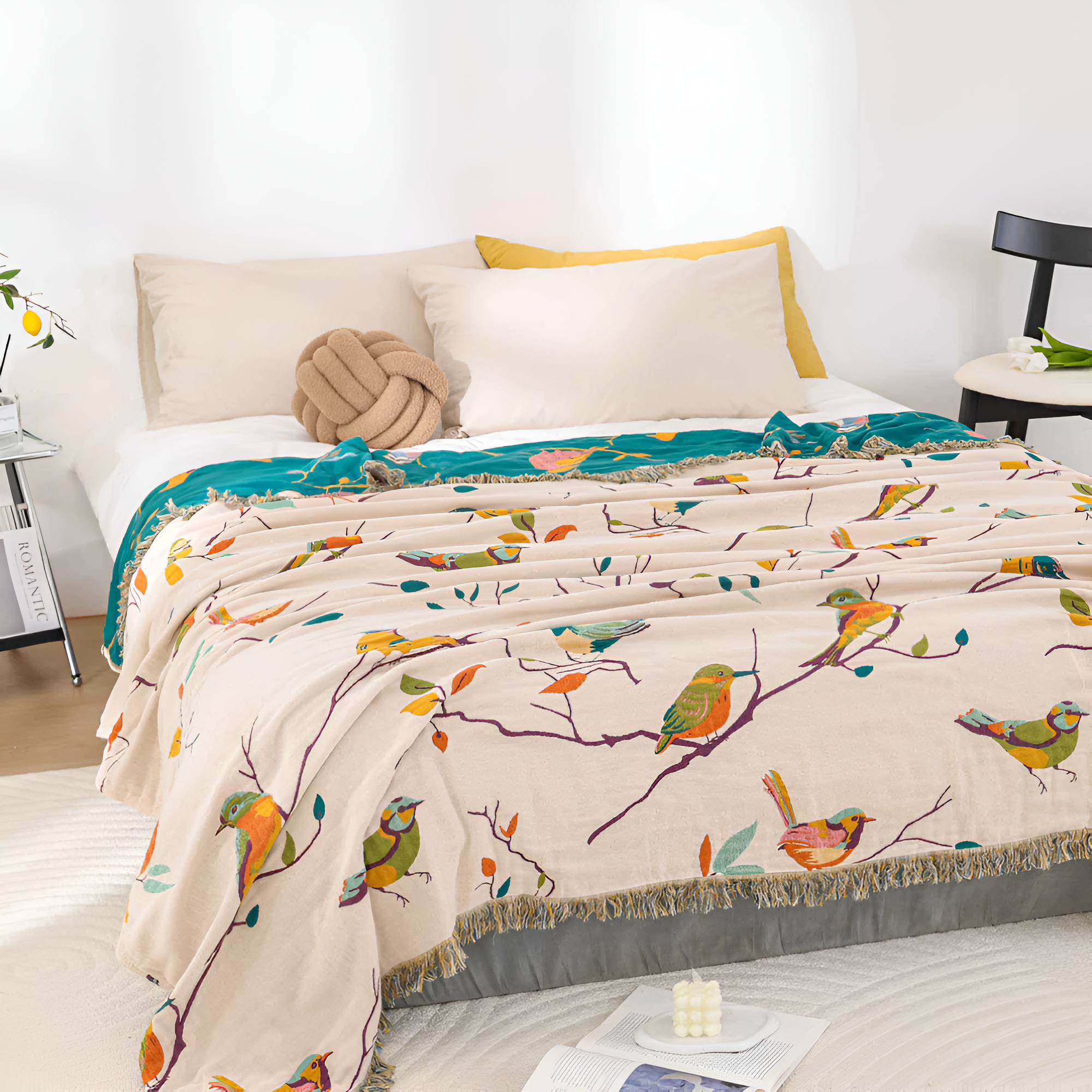 Katoenen Plaid met Vogelmotief en Kwastjes – Vintage Boho Stijl Deken voor Bank, Bed of Picknick | Sansoti