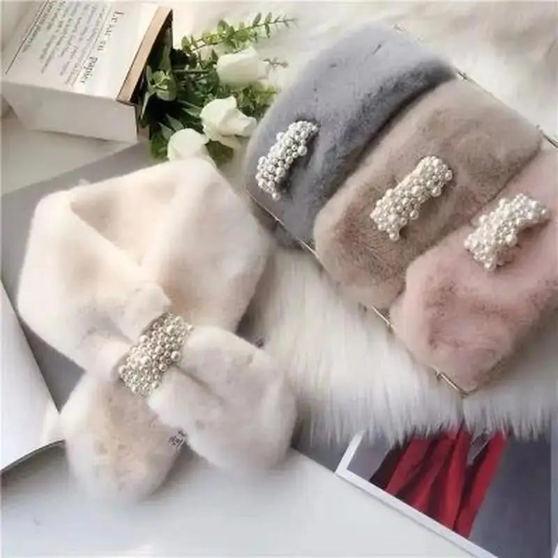Winter Scarf Faux Fur Pearl Detail Women's Cross-Style Warm Neck Scarf Elegant Winter Fashion Accessory | Sansoti
