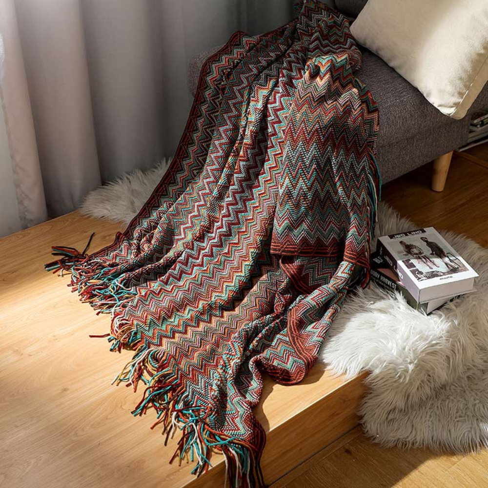 Knitted Throw with Zigzag Fringes – Soft Crochet Blanket for Sofa and Bed, All Seasons, Bohemian Style | Sansoti