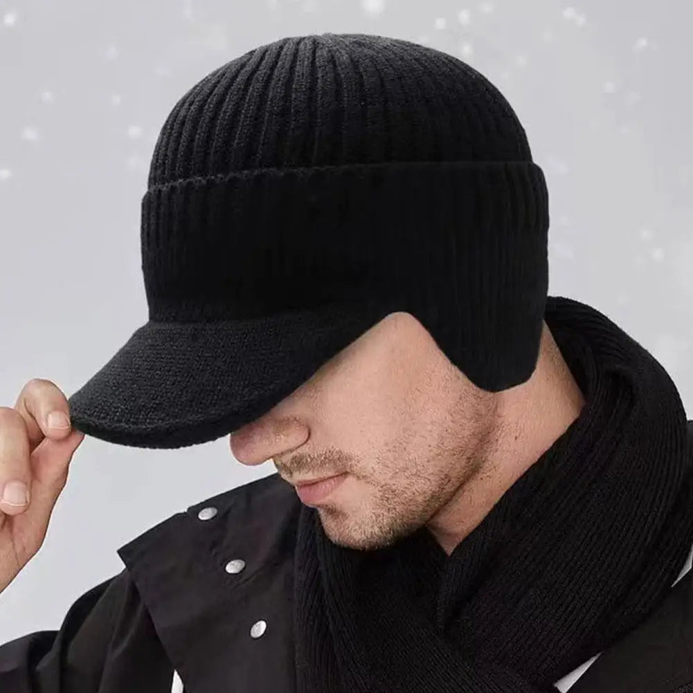 Knitted Winter Hat with Earmuffs for Men Soft Lined Interior Warm Headwear with Visor Winter | Sansoti