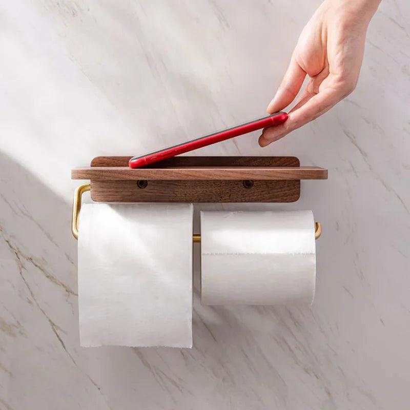 Toiletrolhouder Hout Walnoot Wandmontage Bruin Met Plank Badkamer Toilet Papierhouder Wandrek Minimalistisch Interieur | Sansoti