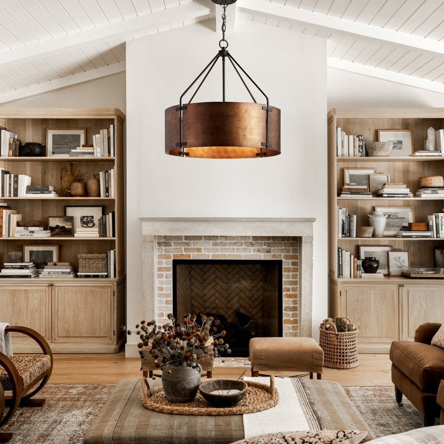 Industriële Hanglamp Trommel Roest Brons Metalen Kap 4 Lichtpunten Vintage Design Keukeneiland Eettafel Eetkamer | Sansoti