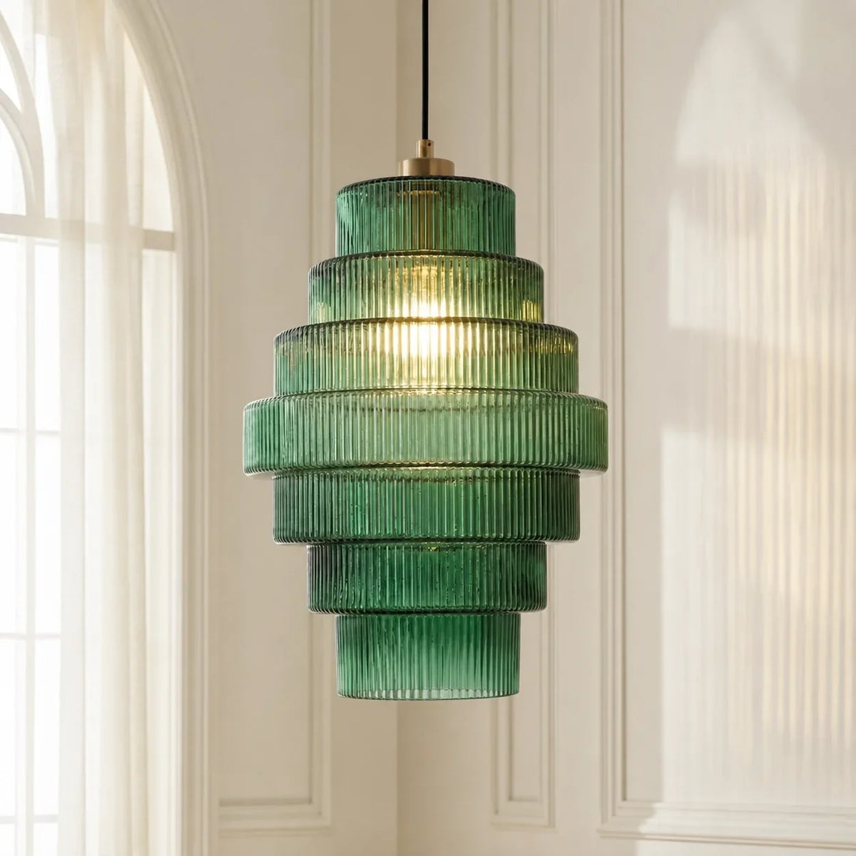 Ribbed Glass Pendant Light Layered Bottle Design E27 22cm Dining Area Ceiling Light Vintage Style Living Room | Sansoti