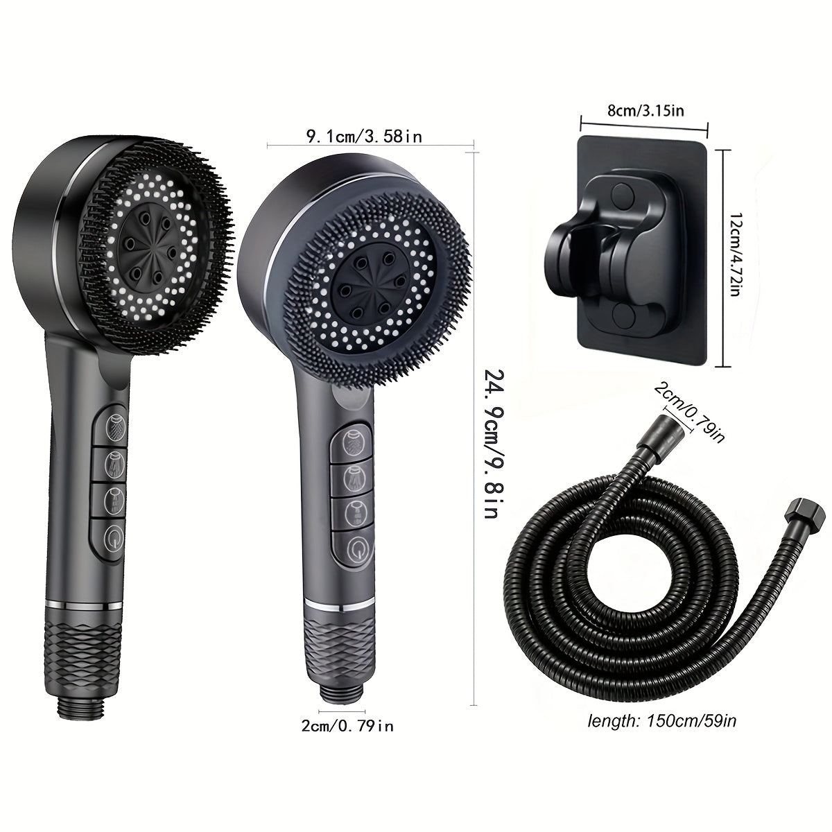 High-Pressure Handheld Showerhead 5 Spray Modes Black Silver Adjustable Holder with Hose for Bathroom Wellness | Sansoti