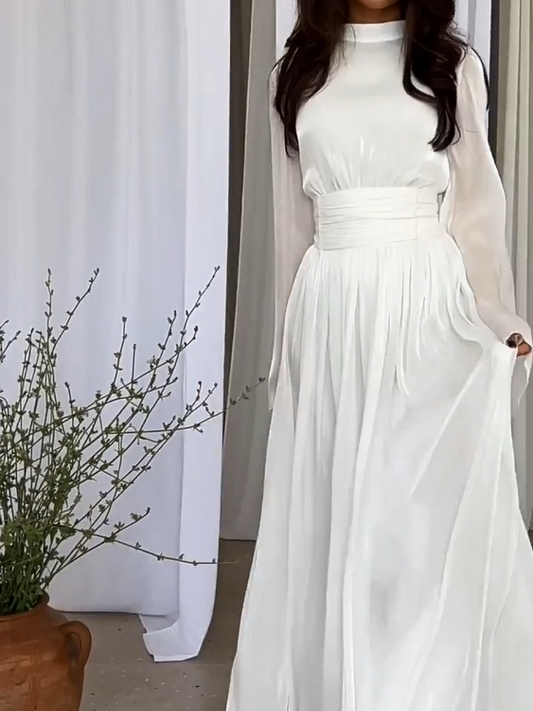 Maxikleid für Damen mit schwingender Passform in Beige, Blau und Weiß - für den Sommer, festliche Anlässe und die Freizeit, eleganter Stil | Sansoti