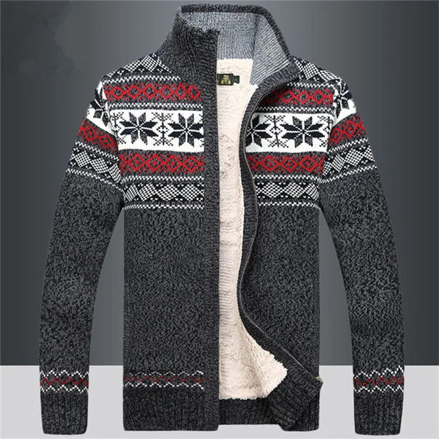 Gestrickte Herren-Cardigan mit Stehkragen und Reißverschluss, Winter, nordisches Jacquardmuster, warmer Pullover, Outdoorbekleidung | Sansoti