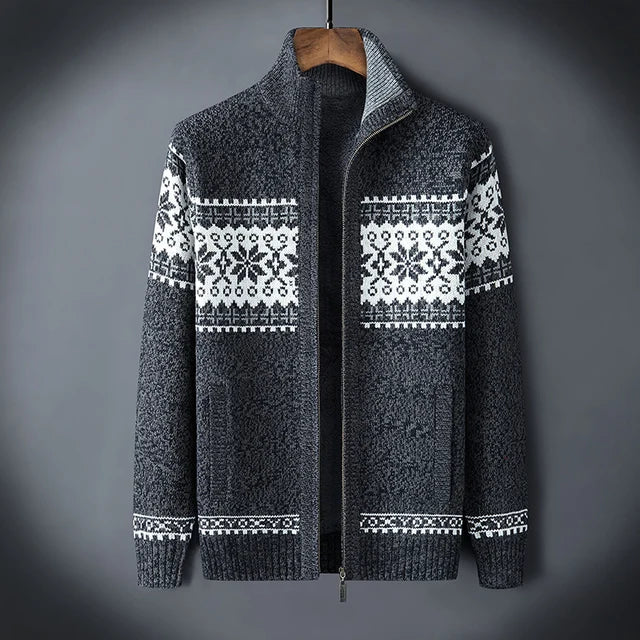 Gestrickte Herren-Cardigan mit Stehkragen und Reißverschluss, Winter, nordisches Jacquardmuster, warmer Pullover, Outdoorbekleidung | Sansoti