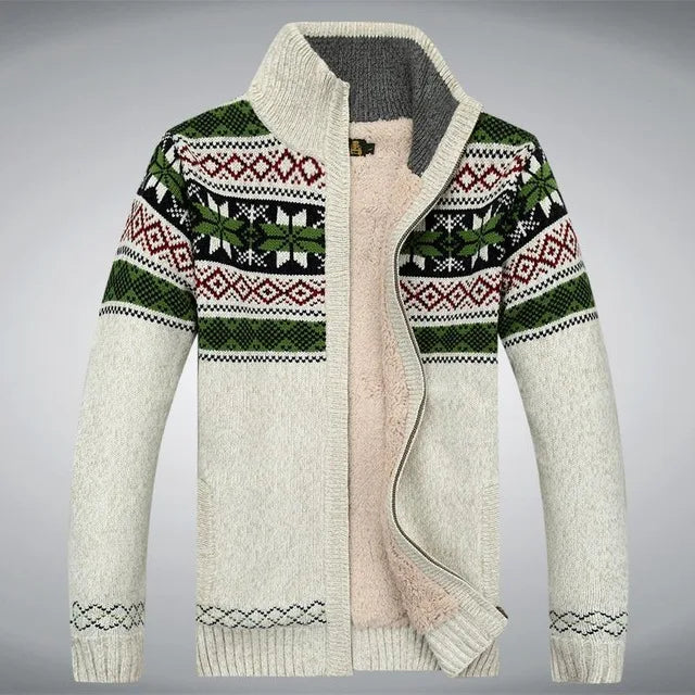 Gestrickte Herren-Cardigan mit Stehkragen und Reißverschluss, Winter, nordisches Jacquardmuster, warmer Pullover, Outdoorbekleidung | Sansoti