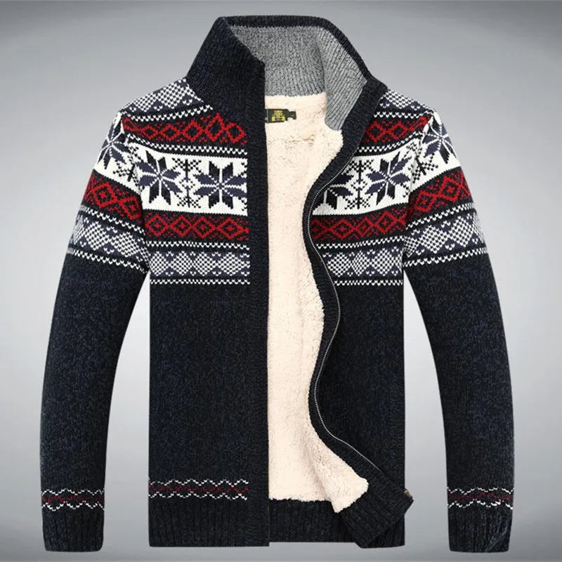 Gestrickte Herren-Cardigan mit Stehkragen und Reißverschluss, Winter, nordisches Jacquardmuster, warmer Pullover, Outdoorbekleidung | Sansoti