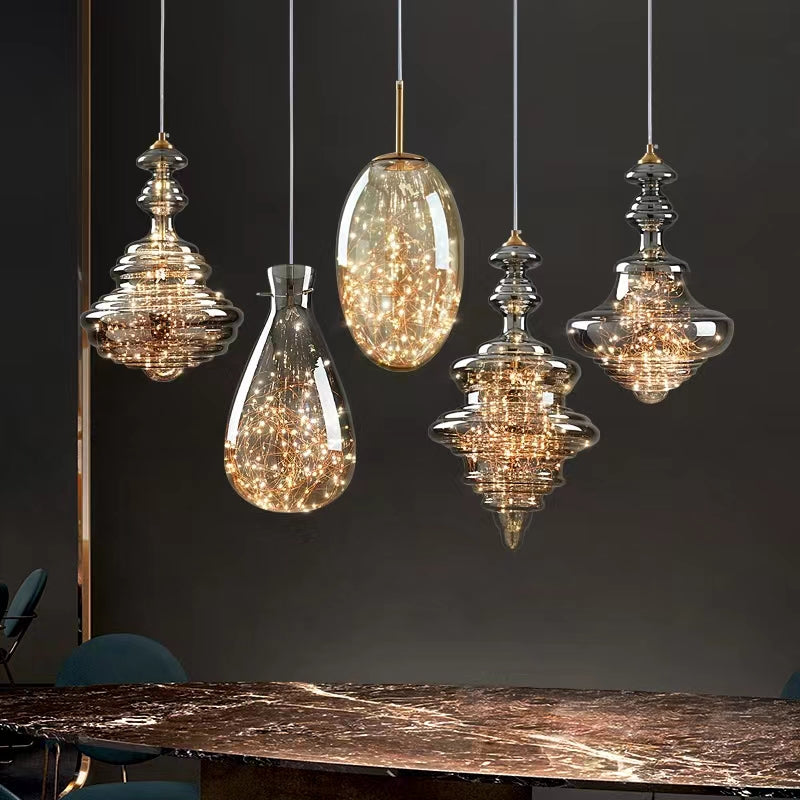 Grijze glazen hanglamp met sterrenhemel-effect voor eetkamer, bar of keukeneiland | Sansoti