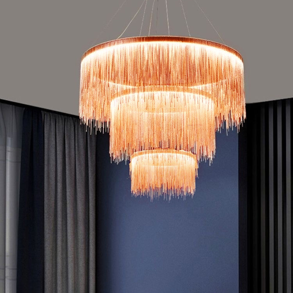 Suspension à chaîne avec pampilles LED en métal doré, argenté ou or rose pour salle à manger, salon ou chambre | Sansoti