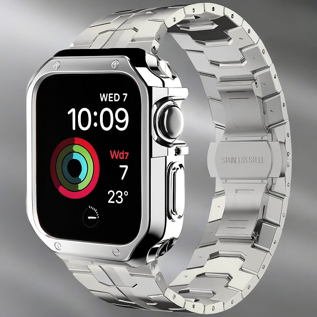 Metal Watch Band with Protective Case Butterfly Clasp Titanium Look Link Bracelet for Smartwatch Elegant | Sansoti