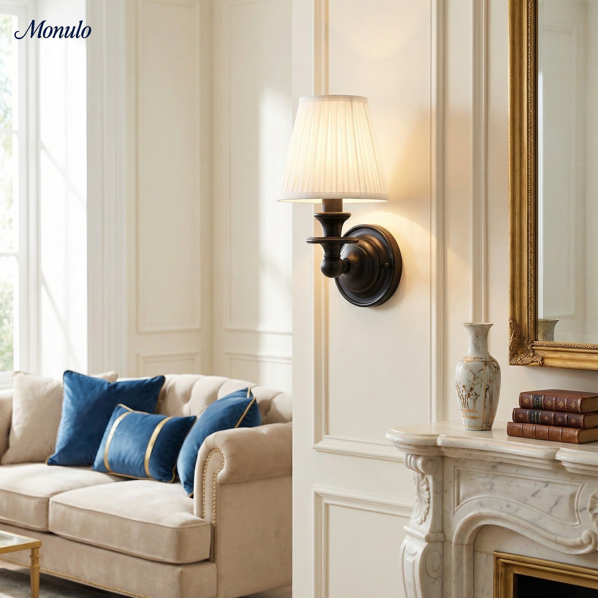 Wandlamp met stoffen kap en zwanenhalsarm – smeedijzeren armatuur met verstelbare leeslamp | Sansoti