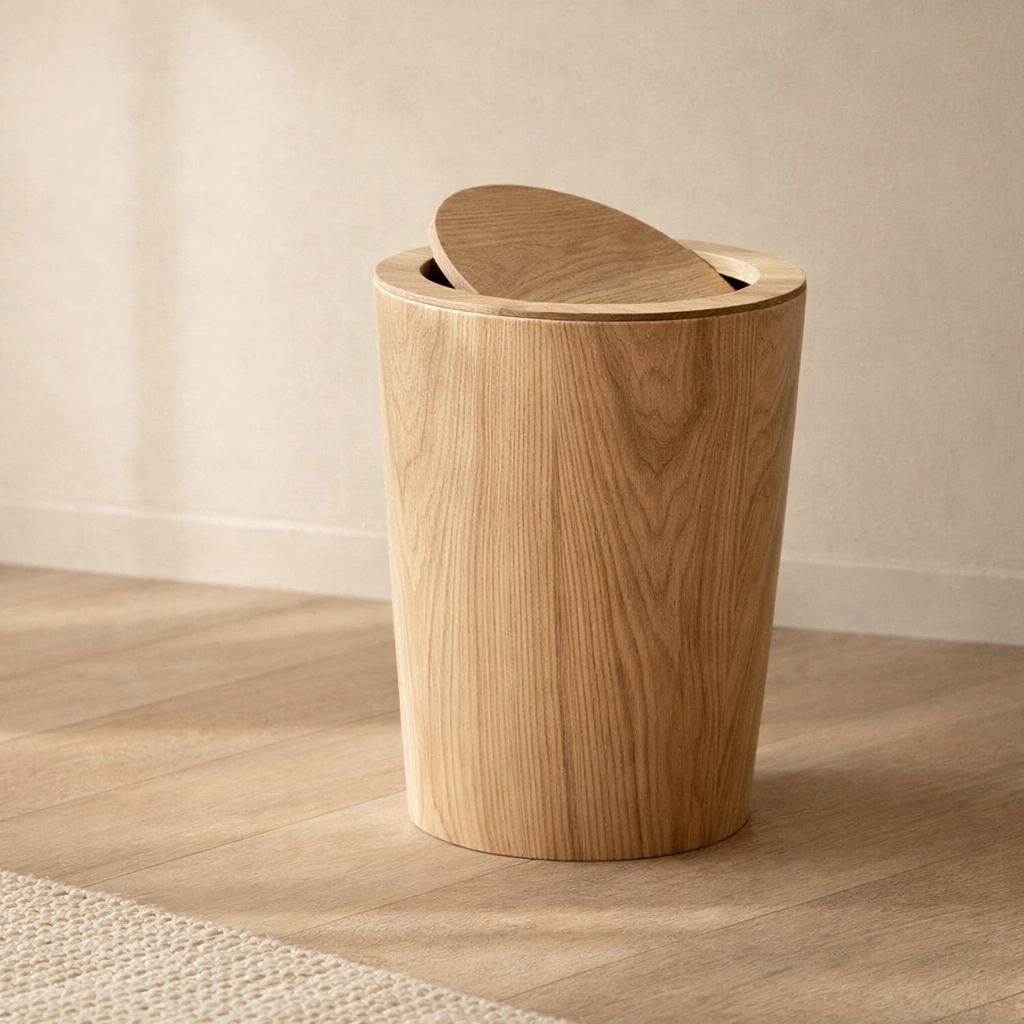 Houten Prullenbak Woonkamer Draaibaar Deksel Dubbelwandig Keuken Badkamer Kantoor Vuilnisbak Houtlook Afvalbak Bureau | Sansoti