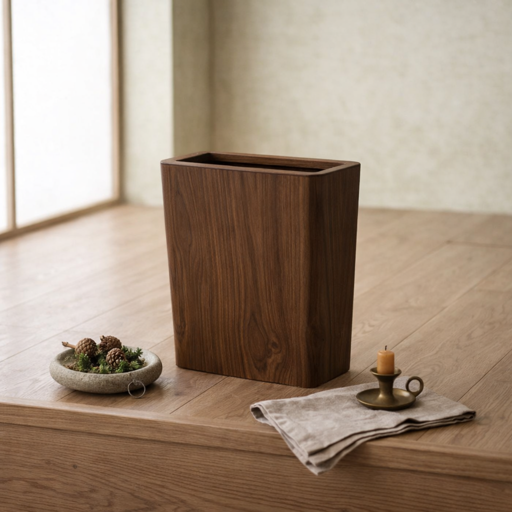 Houten Prullenbak Woonkamer Draaibaar Deksel Dubbelwandig Keuken Badkamer Kantoor Vuilnisbak Houtlook Afvalbak Bureau | Sansoti