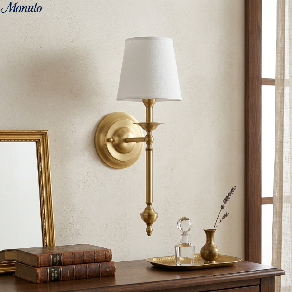 Stoffen Wandlamp met Vintage Koperen Afwerking – Sfeervolle Verlichting voor Hal, Slaapkamer en Woonkamer | Sansoti