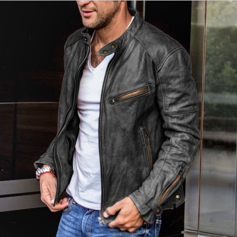 Lederjacke für Herren, wasserabweisend, Stehkragen, Reißverschluss, klassisches Design, Regular Fit, lässige Herbstmode XS-3XL | Sansoti